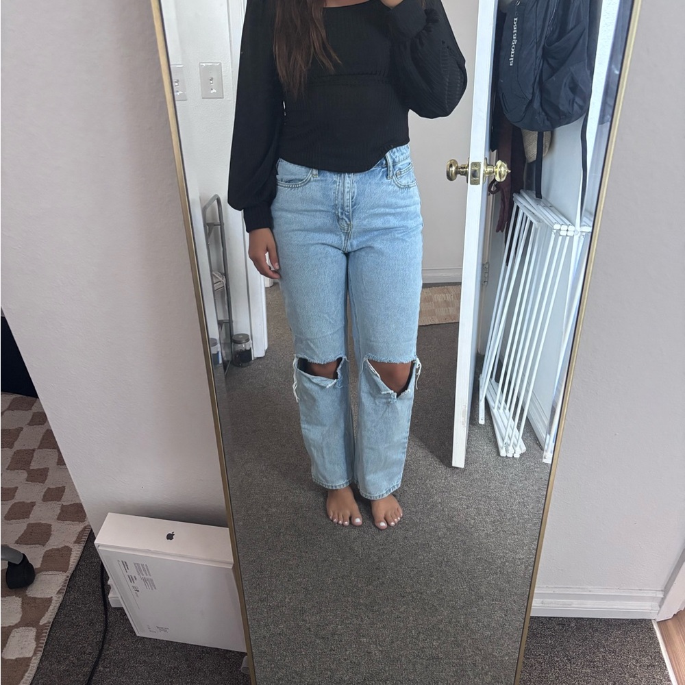 Princess Polly Light Blue Ripped High-Rise Straight Jeans